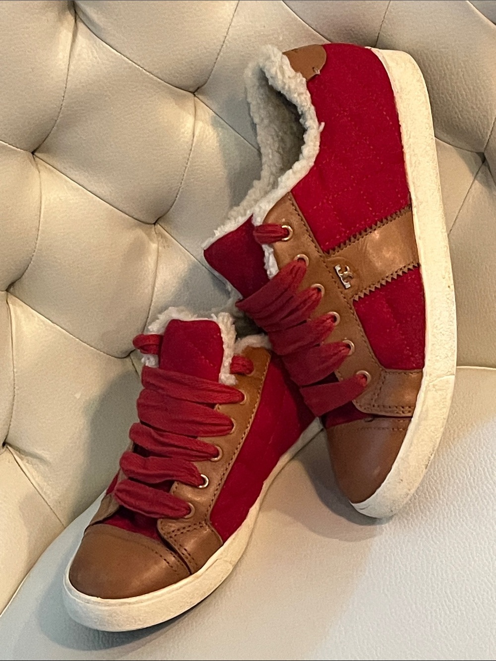 Tory Burch Red Brown Leather Shearling-Lined Sneakers RARE FIND LUXURY 8.5